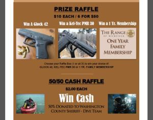 Flyer for a prize raffle and 50/50 cash raffle with gun and cash prizes.