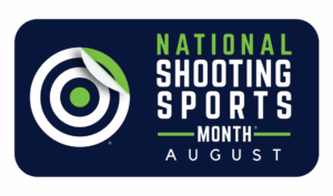 National Shooting Sports Month logo with August dates.