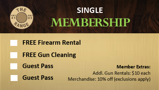 Sign detailing single membership benefits including firearm rental and gun cleaning.