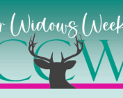 Logo featuring a deer silhouette with antlers and the text 'Widows We' on a teal background.