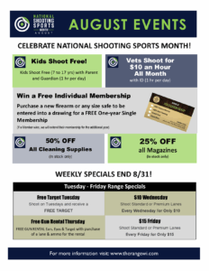 Promotional flyer for National Shooting Sports Month with special offers and contests.